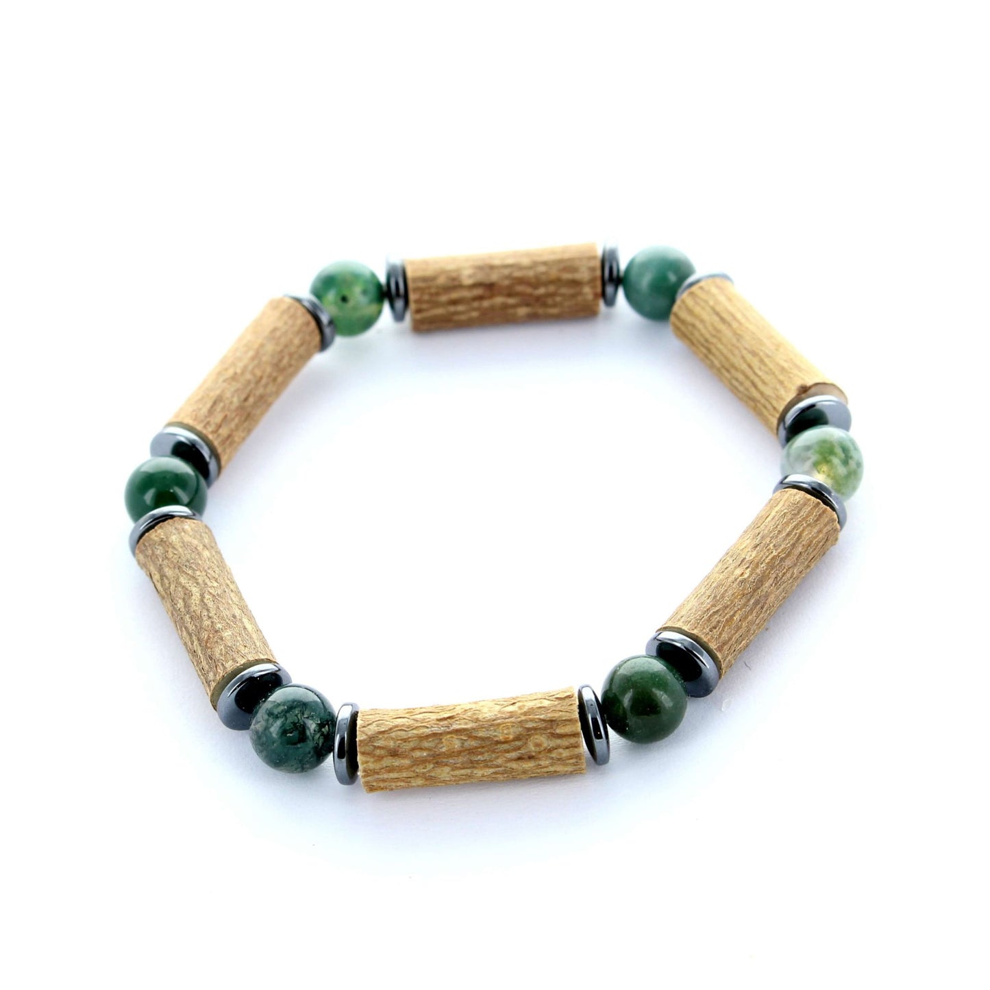 Bracelet Agate Mousse et Hématite : Équilibre Naturel, une alliance avec le Noisetier, artisanat pour femmes et hommes
