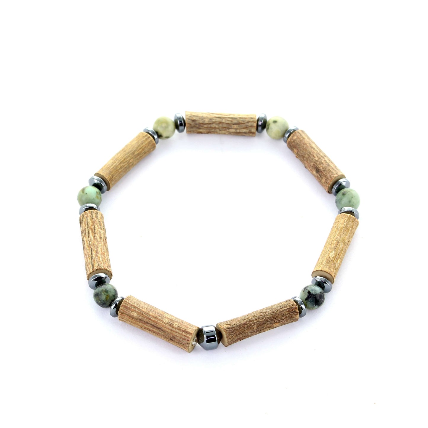 Bracelet artisanal en noisetier, jaspe africain et hématite – Harmonie digestive et équilibre émotionnel
