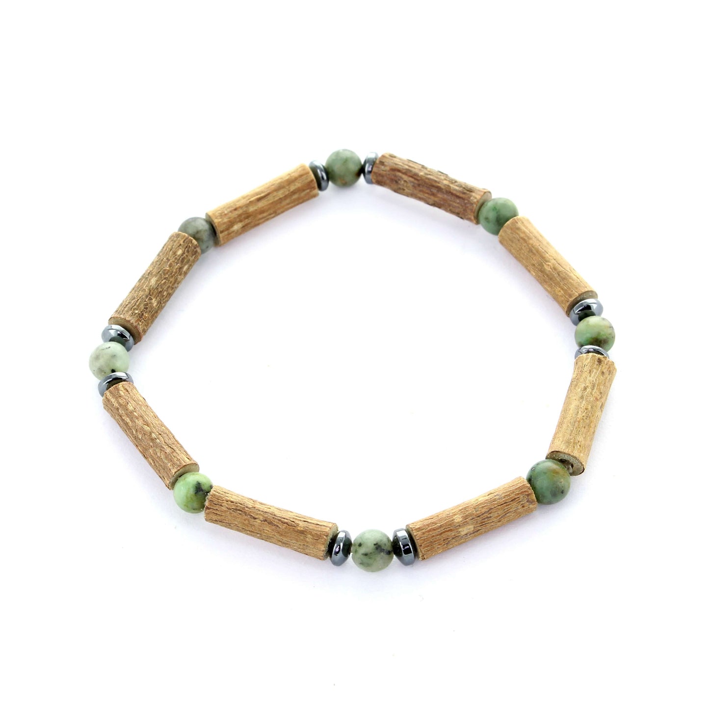 Bracelet artisanal en noisetier, jaspe africain et hématite – Harmonie digestive et équilibre émotionnel