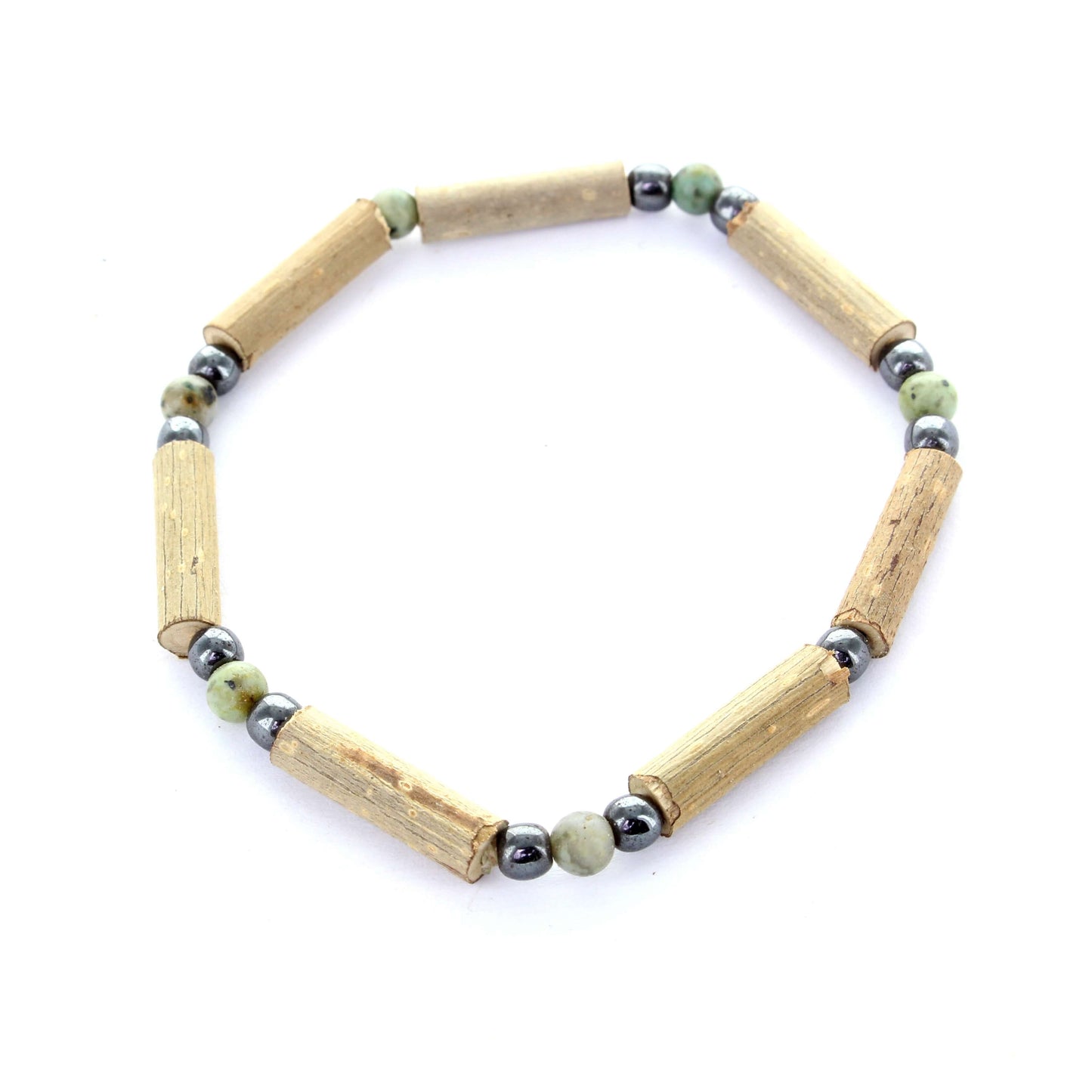 Bracelet artisanal en noisetier, jaspe africain et hématite – Harmonie digestive et équilibre émotionnel