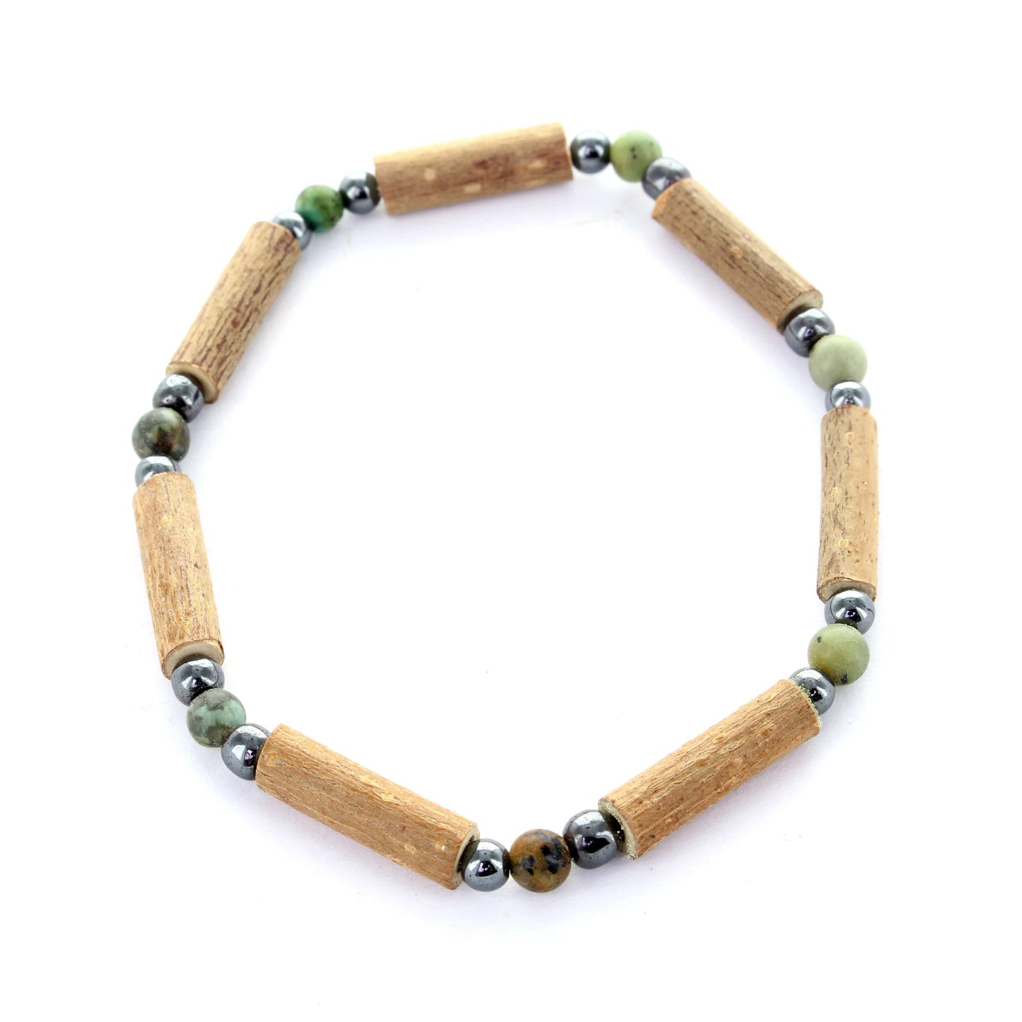 Bracelet artisanal en noisetier, jaspe africain et hématite – Harmonie digestive et équilibre émotionnel