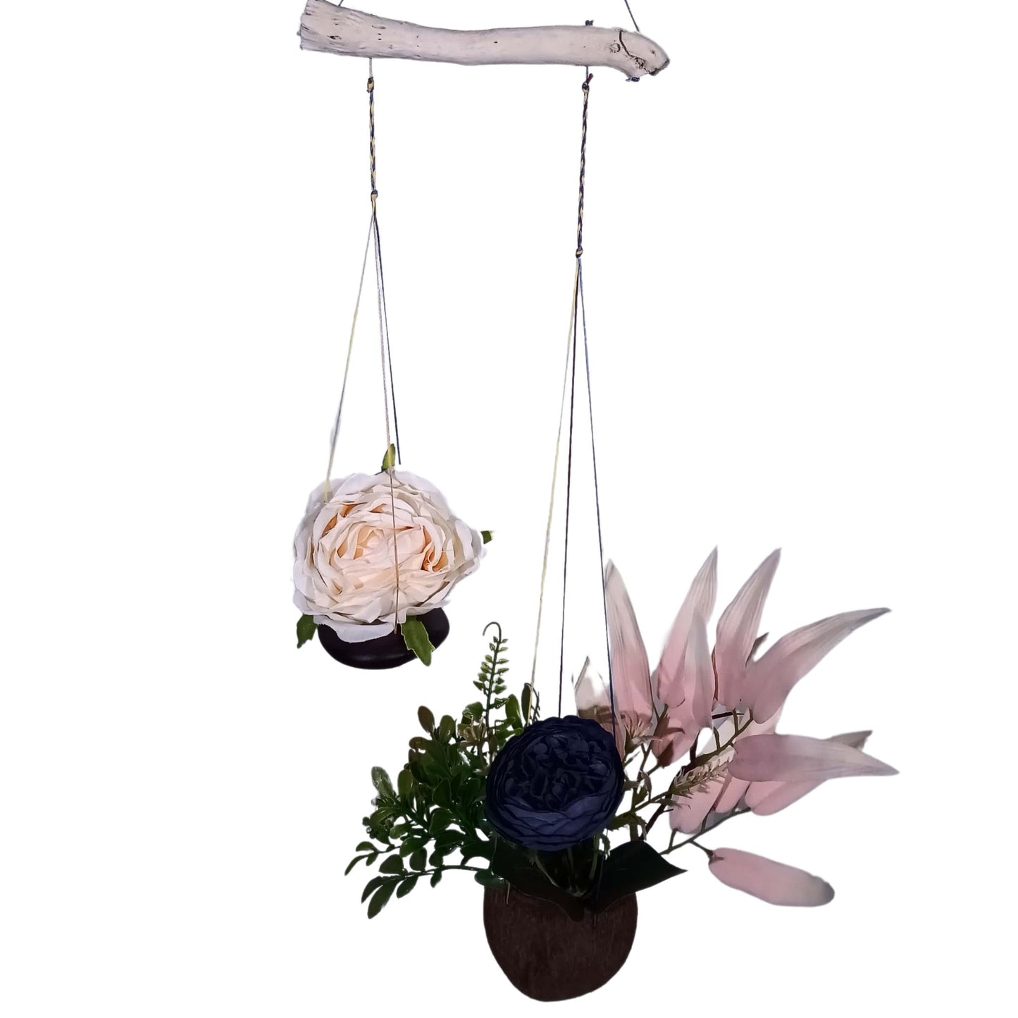 Jardin Suspendu avec Fleurs Artificielles en Soie - Roses Crème et Pivoine Bleue