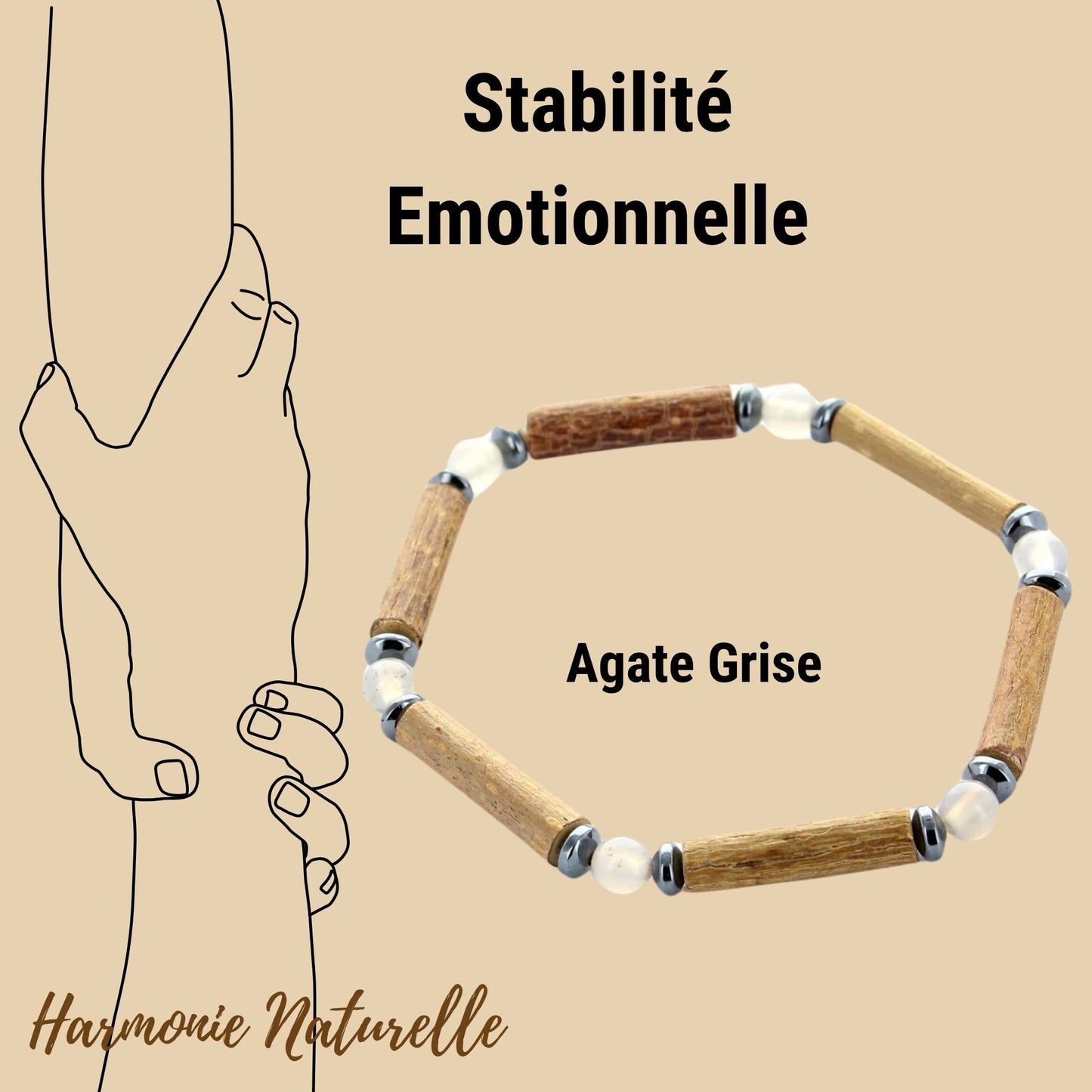 Bracelet Agate Grise et Noisetier - Ancrage Profond, Équilibre et Stabilité - Création Artisanale Mixte