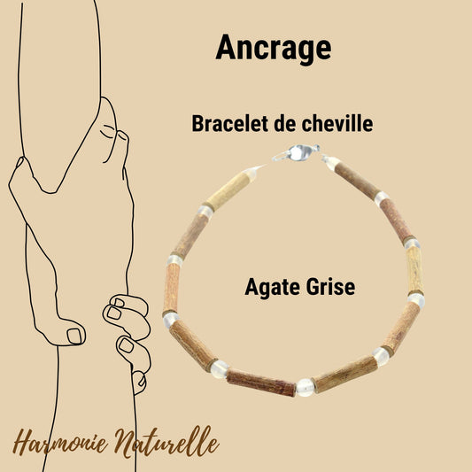 Bracelet de Cheville Agate Grise & Noisetier - Ancrage Profond pour Équilibre et Stabilité. Une touche d'Équilibre Naturel et d'Élégance Bohème pour vos pas.