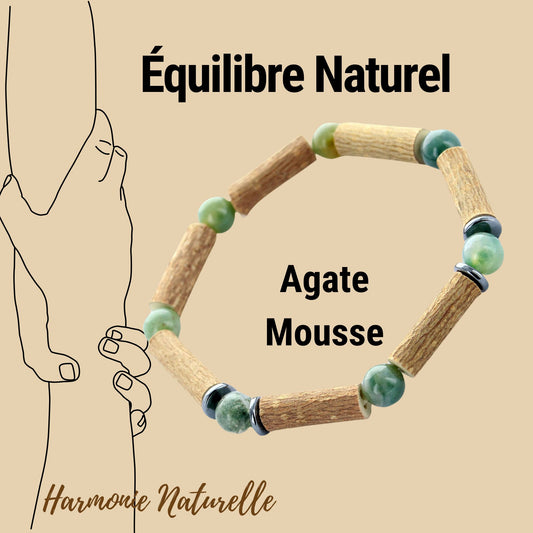 Bracelet Agate Mousse et Hématite : Équilibre Naturel, une alliance avec le Noisetier, artisanat pour femmes et hommes