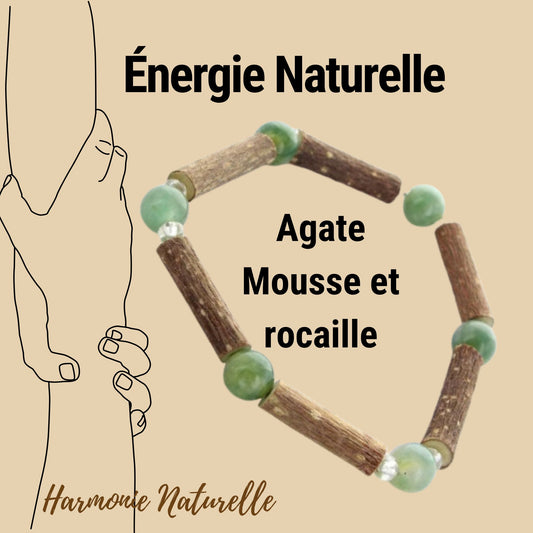 Bracelet Agate Mousse et Noisetier : Énergie Naturelle, Perles de Rocaille, Artisanat Mixte pour un Équilibre Harmonieux.