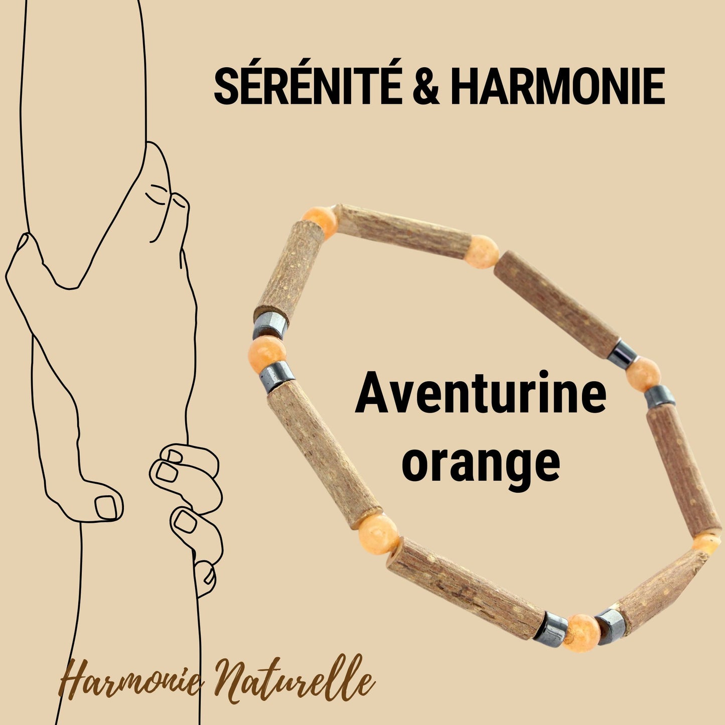 Bracelet Énergie Positive en Noisetier, Aventurine Orange & Hématite - Harmonie et Sérénité