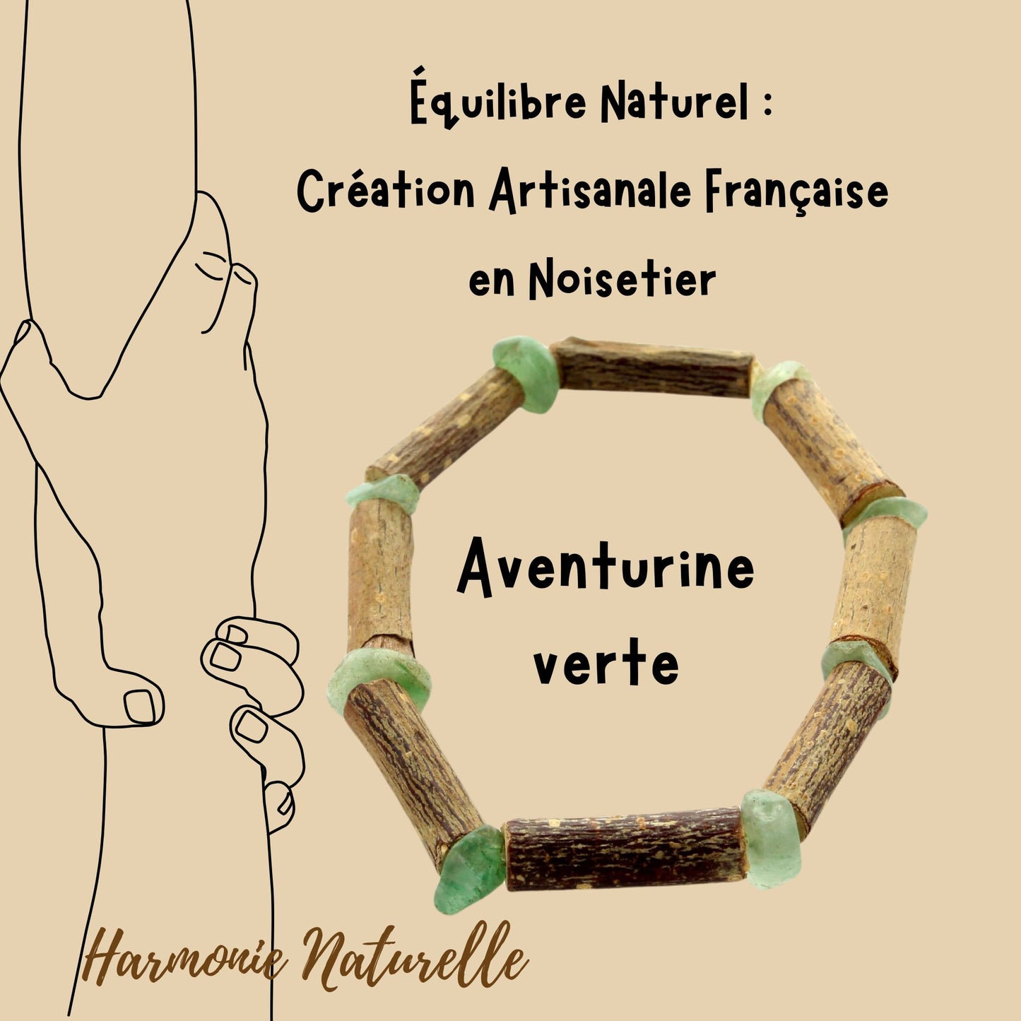 Bracelet Aventurine Verte et noisetier : Équilibre Naturel avec pierres en forme de chips