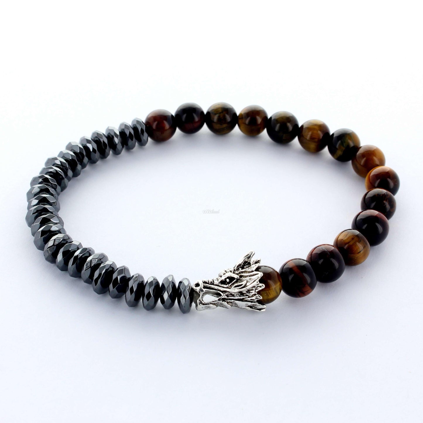 Bracelet en pierre Oeil de Tigre et Hématite, tête de dragon, pour homme, modèle 1