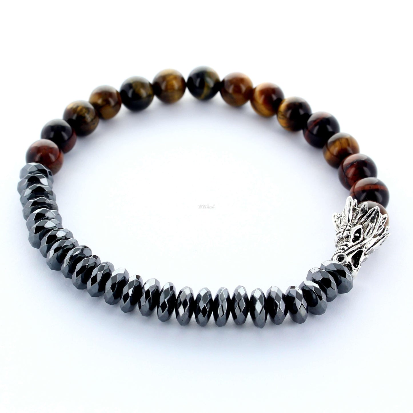 Bracelet en pierre Oeil de Tigre et Hématite, tête de dragon, pour homme, modèle 1