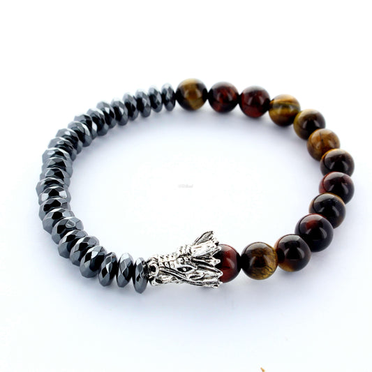 Bracelet en pierre Oeil de Tigre et Hématite, tête de dragon, pour homme, modèle 1