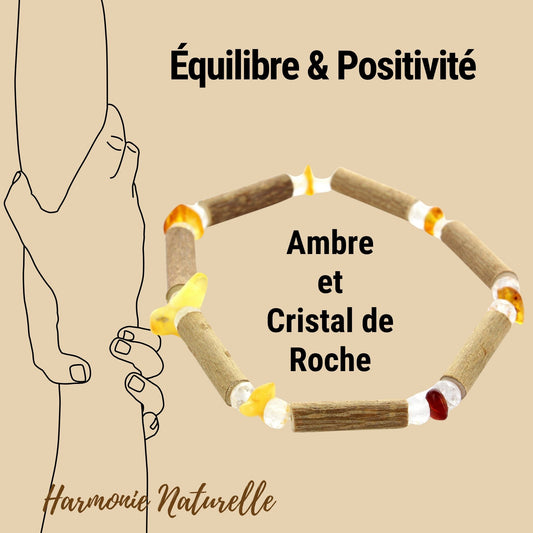 Bracelet énergisant Ambre, cristal de roche & noisetier : fusion positive & équilibre renforcé