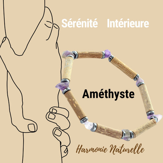 Bracelet Améthyste, Hématite & Noisetier - Équilibre et Sérénité Naturelle