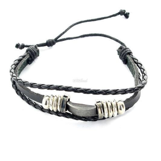 Bracelet cuir réglable 3 rangs noir  m04