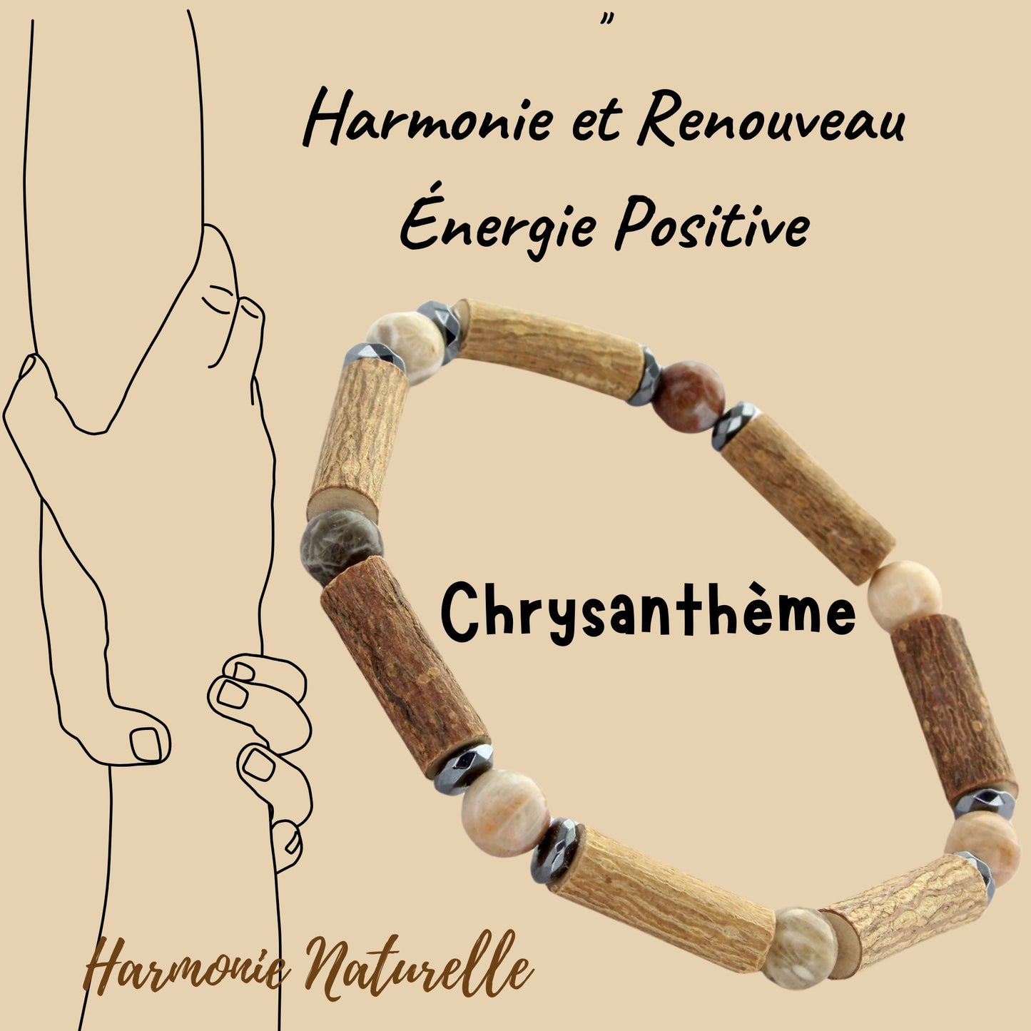 Bracelet Chrysanthème pour ses Vertus Énergétiques et Équilibre en Noisetier et Hématite