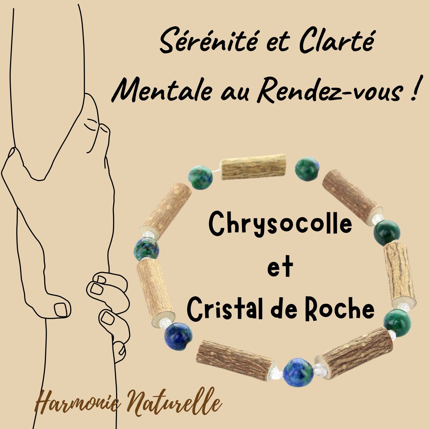 Bracelet Chrysocolle pour l' Équilibre Énergétique, en Noisetier et Cristal de Roche pour une Harmonie Totale