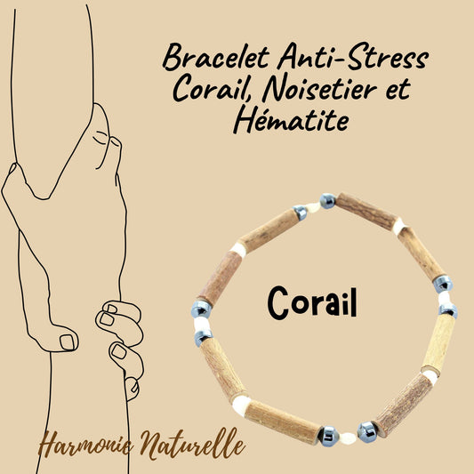 Bracelet Anti-Stress en Corail Blanc, Noisetier et Hématite pour la Santé et le Bien-être