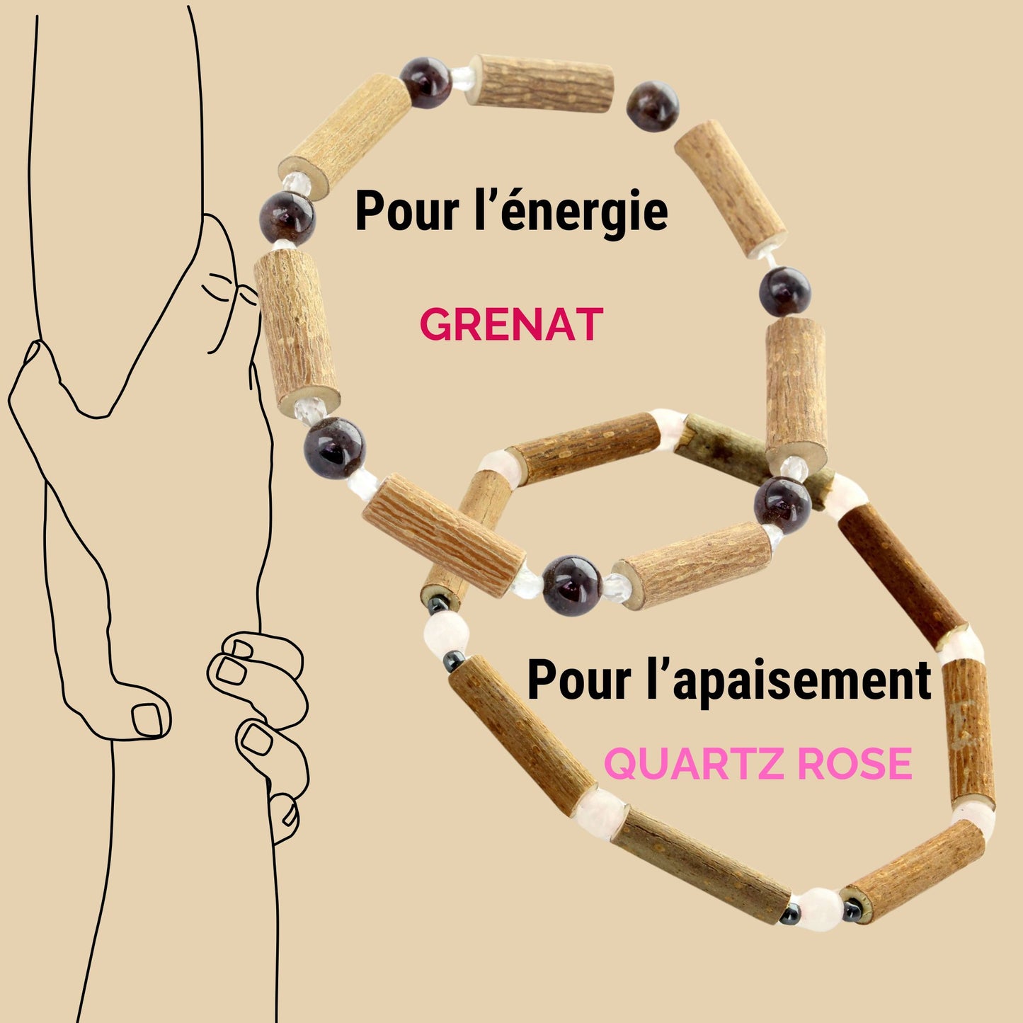 Bracelet Énergie & Douceur : Grenat et Quartz Rose en Noisetier