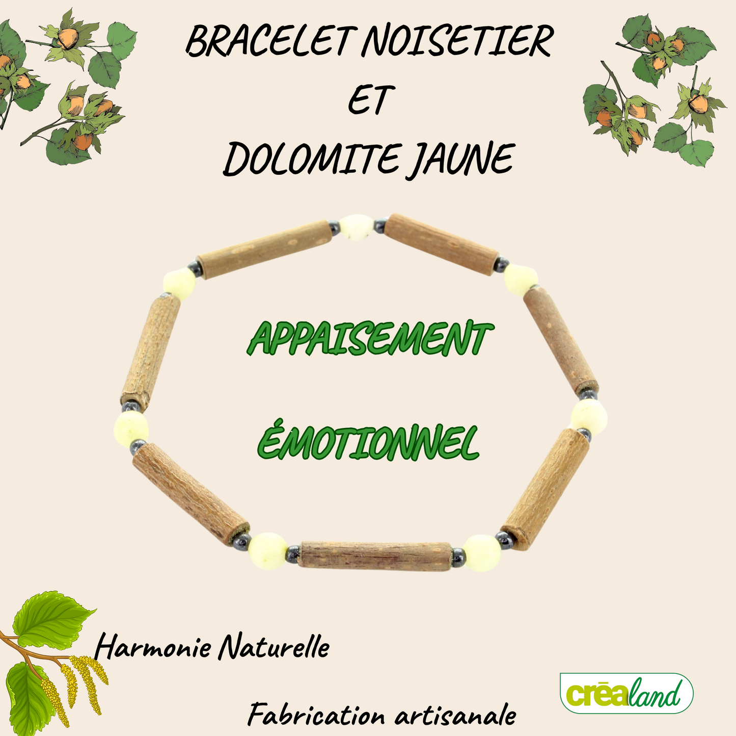 Bracelet Dolomite Jaune - Équilibre Émotionnel, Apaisement Naturel avec Noisetier, Protection grâce à l'Hématite