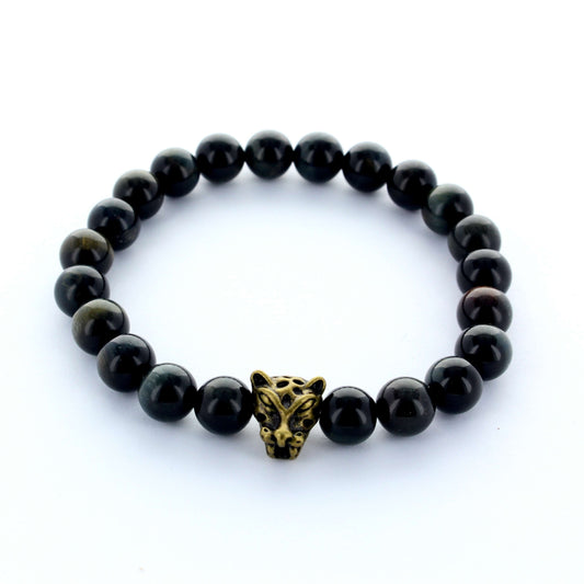 Bracelet en pierre Oeil de Tigre bleu, entretoise Tête de tigre, pour homme, modèle 1