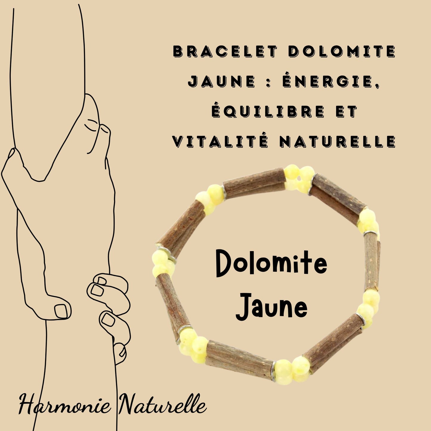 Bracelet Double Dolomite Jaune pour l'Énergie, avec Noisetier pour l'Équilibre et Hématite pour la Vitalité