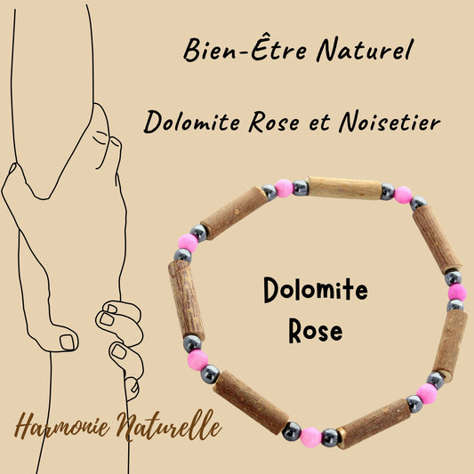 Bracelet Dolomite Rose aux Vertus Apaisantes - Noisetier et Hématite pour Équilibre et Protection