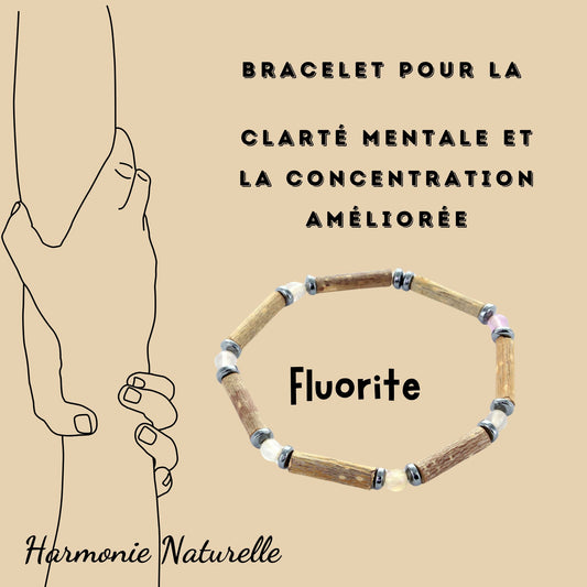 Bracelet Fluorite pour la Clarté et la Concentration, avec les Bienfaits du Noisetier et de l'Hématite pour l'Équilibre et l'Ancrage