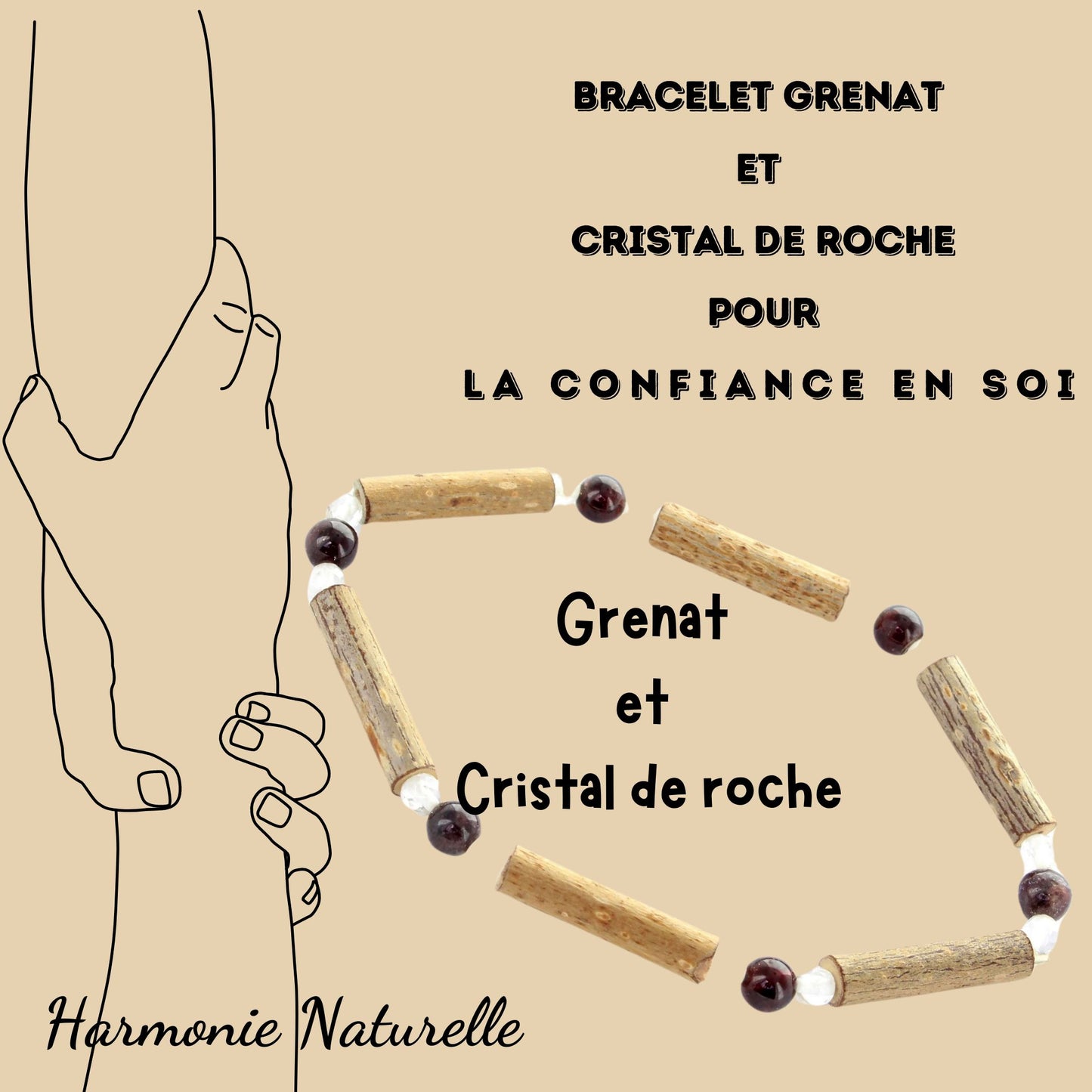 Bracelet Grenat : pour la Confiance en Soi et la Vitalité, Noisetier : pour le Soulagement des Douleurs Articulaires, Cristal de Roche : pour la Clarté et l'Équilibre.