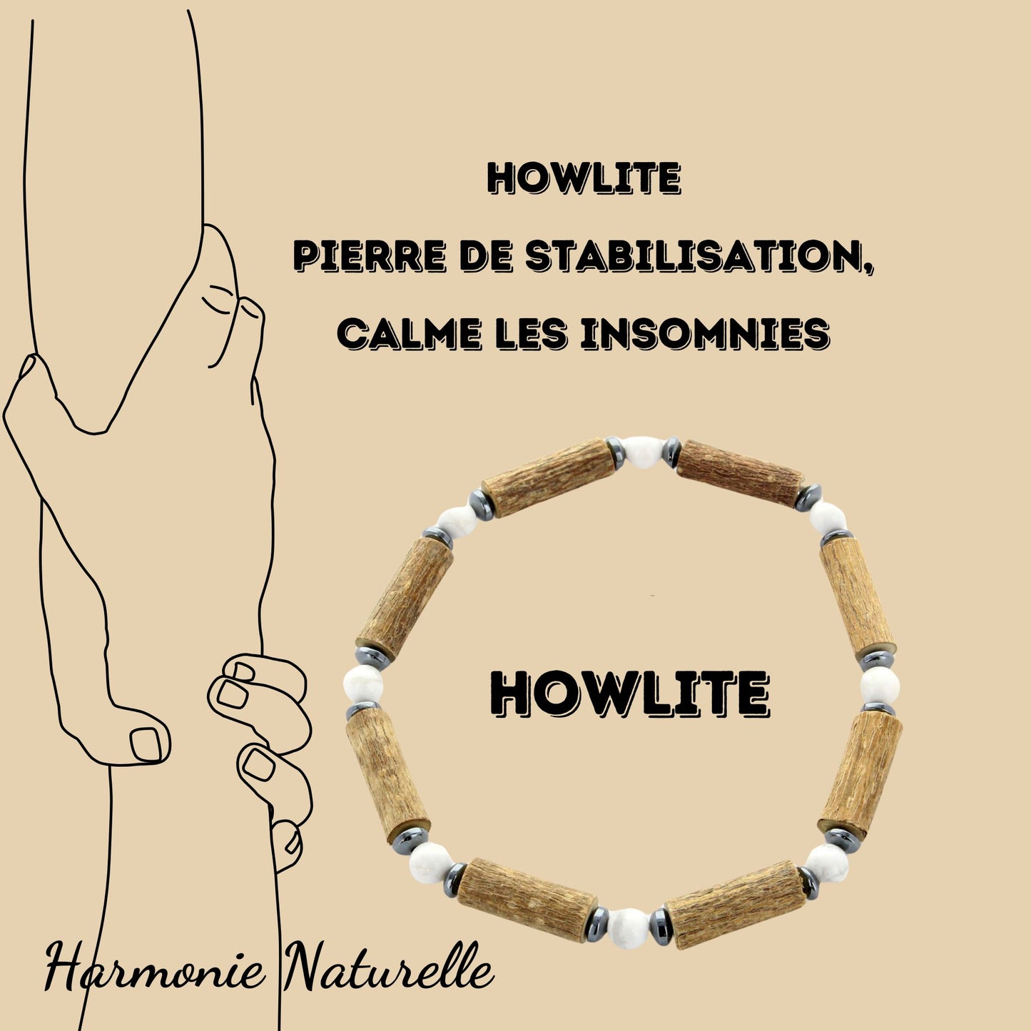 Bracelet howlite - sommeil réparateur, digestion améliorée avec le noisetier, apaisement articulaire avec l'hématite