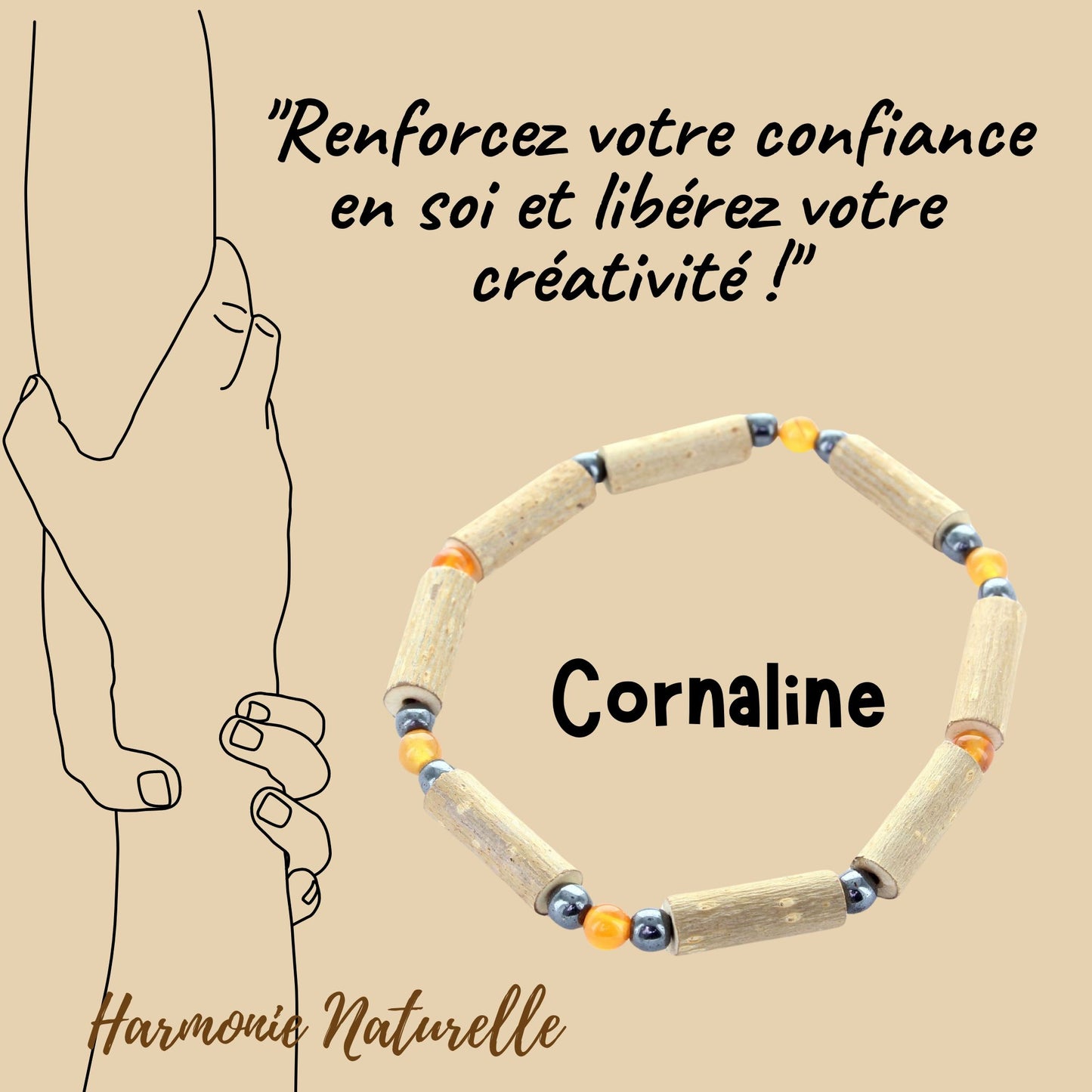 Bracelet en Cornaline pour la Vitalité et la Confiance en Soi avec Noisetier et Hématite