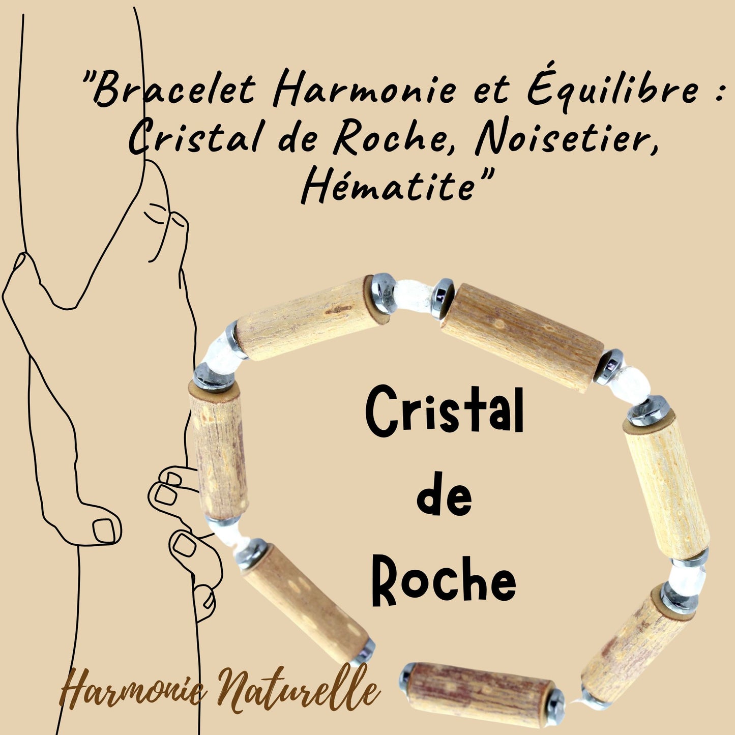 Bracelet Cristal de Roche pour Sérénité et Protection avec Noisetier et Hématite