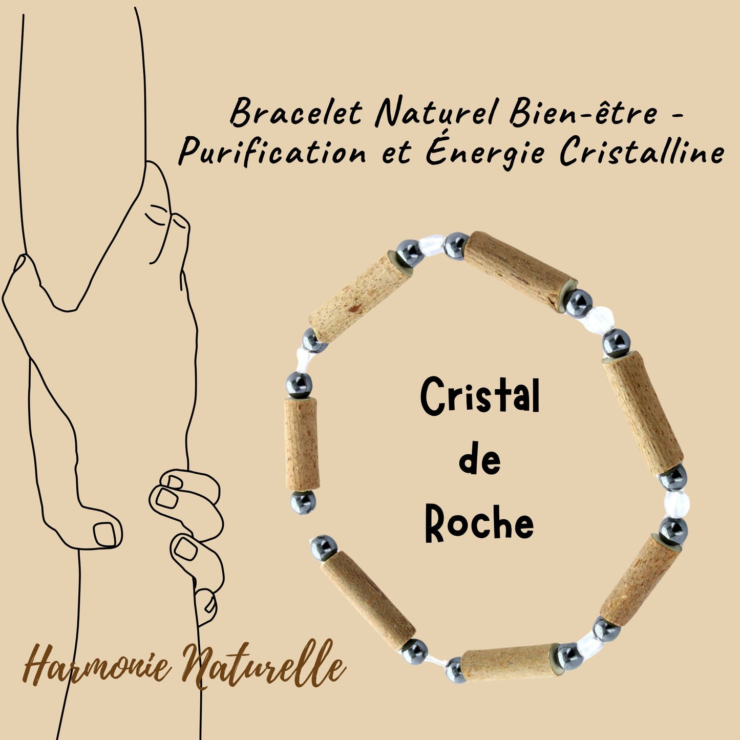 Bracelet Bien-être Naturel en Cristal de Roche, Hématite et Noisetier