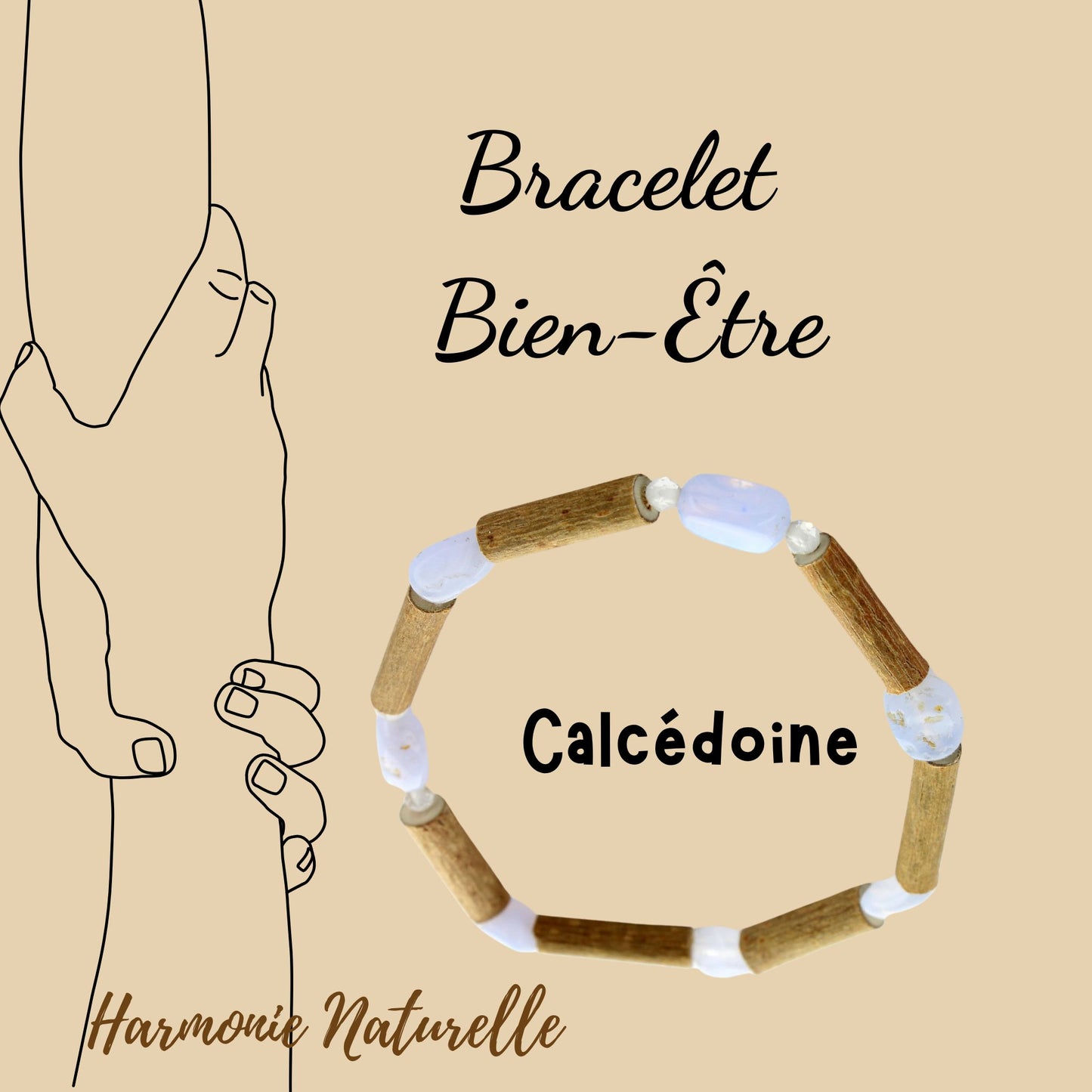 Bracelet Calcédoine pour l'Équilibre Naturel en Noisetier et Cristal de Roche