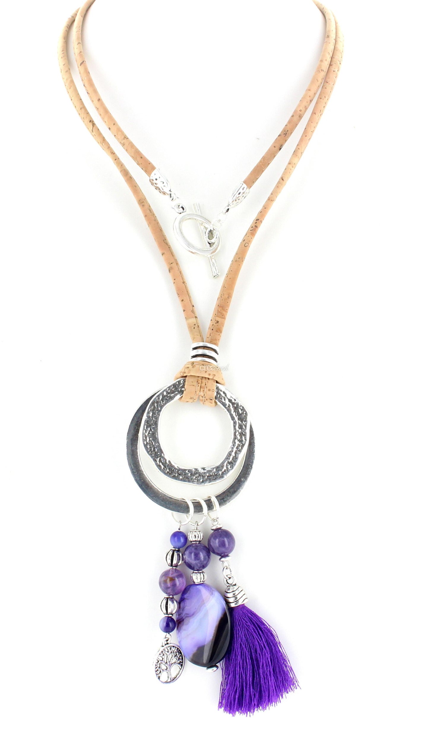 Collier en liège | pierre Agate mauve | Modèle 1